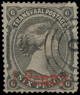 O        108 (141a) 1879 1d On 6d Black-brown Q Victoria^, Type F (SG Type 11), Red Surcharge, Scarce,... - Transvaal (1870-1909)