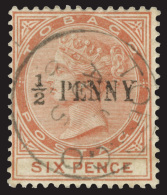 O        28 (28) 1887 ½d On 6d Orange-brown Q Victoria^ Surcharged SG Type 4, Wmkd CA, Perf 14, Quite... - Trinité & Tobago (...-1961)