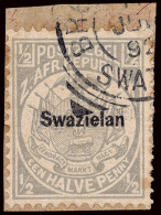 /\       1b (4b) 1889 ½d Grey Coat Of Arms Of Transvaal^, Overprint ERROR - "Swazielan", Tied To Piece,... - Swaziland (...-1967)