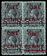 **/[+]   117a, 117 (121c, 121) 1915 1d On 1' Black On Green K George V^, Block Of Four Surcharged "ONE PENNY",... - St.Vincent (...-1979)