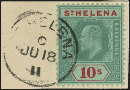 /\       60 (70) 1908 10' Green And Red On Green K Edward VII^ On Chalk-surfaced Paper, Wmkd CA, Perf 14, Tied By... - St. Helena