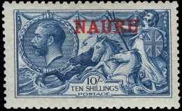 *        15e (23d) 1916 10' Deep Bright Blue K George V Sea Horses^ Of Great Britain, Overprinted "NAURU" In Red,... - Nauru