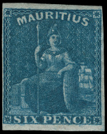 *        18 (32) 1859 6d Blue Britannia^, Imperf, Four Margins, Signed Bloch, OG, VLH, F-VF Scott Retail... - Mauritius (...-1967)