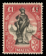 O        114 (140) 1925 £1 Black And Bright Carmine Allegory Of Malta^, Wmkd Script CA Upright, Perf 14,... - Malte (...-1964)