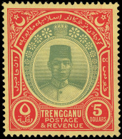 *        38 (44) 1938 $5 Green And Red On Yellow Sultan Suleiman^, Wmkd Script CA, Perf 14, Scarce, OG,VLH, VF... - Trengganu