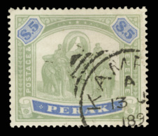 O        60 (79) 1896 $5 Green And Ultramarine Elephants^, Wmkd CC, Perf 14, Perfectly Centered, Light Cancel, A... - Perak