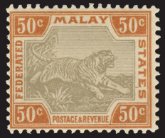 *        18-25 (15-22) 1900-01 1¢-50¢ Tigers^, Wmkd CA, Perf 14, Cplt (8), OG, HR, VF Scott Retail... - Federated Malay States