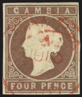 O        3 (5) 1874 4d Brown Q Victoria Embossed^, Wmkd CC, Imperf, Four Margins, Light Red Cds, F-VF Scott Retail... - Gambia (...-1964)