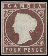 *        3 (5) 1874 4d Brown Q Victoria Embossed^, Wmkd CC, Imperf, Four Margins, Lrg OG, Fine Scott Retail... - Gambia (...-1964)