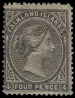 *        2 (2) 1879 4d Grey-black Q Victoria^, Unwmkd, Perf 14, 14½, Scarce Key Value Of The First Issue,... - Falklandeilanden