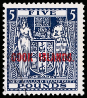 O        126C Var (136w) 1954 £5 Indigo-blue Postal Fiscal Coat Of Arms Of New Zealand^ Overprinted "COOK... - Cook