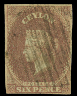 O        2 (1) 1857 6d Purple-brown Q Victoria On Blued Paper,^ Wmkd Large Star, Imperf, Four Margins, A Relatively... - Ceylan (...-1947)