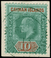 /\       30 (34) 1908 10' Green And Red On Green K Edward VII^, Wmkd MCA, Perf 14, Tied To Piece By Light Cds, F-VF... - Iles Caïmans