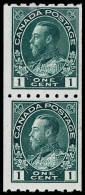 **       123 (224a) 1913 1¢ Blue-green K George V Admiral^ Vertical Coil Pair, Perf 8 Horizontally X Imperf,... - Neufs