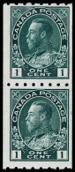 **       123 (224a) 1913 1¢ Blue-green K George V Admiral^ Vertical Coil Pair, Perf 8 Horizontally X Imperf,... - Ongebruikt