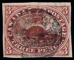 O        4 Var (6) (Canada Specialized 4i) 1852 3d Deep Red Beaver^, Handmade Wove Paper, Imperf, Four Margins,... - Oblitérés