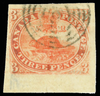 O        1 (1) 1851 3d Red Beaver^, Laid Paper, Imperf, An Absolutely Magnificent Right Corner Bottom Sheet-margin... - Oblitérés