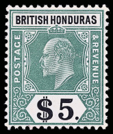 *        62-71, 62a, 63a (84-93, 84a, 85a) 1904-07 1¢-$5 K Edward VII^, Wmkd MCA, Perf 14, Cplt (11) With All... - Honduras