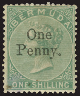 *        15 (17) 1875 1d On 1' Green Q Victoria^ Provisional, SG Type 8 Surcharge, Wmkd CC, Perf 14, Signed, OG,... - Bermuda