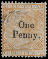 O        14 (16) 1875 1d On 3d Yellow-buff Q Victoria^ Provisional, SG Type 8 "One Penny." Surcharge (only 12,000... - Bermudes