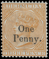 *        14 (16) 1875 1d On 3d Yellow-buff Q Victoria^ Provisional, SG Type 8 "One Penny." Surcharge (only 12,000... - Bermudes