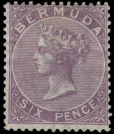 *        4 (6) 1865 6d Dull Purple Q Victoria^, Wmkd CC, Perf 14, Scarce, Part OG, Fine Scott Retail... - Bermudas