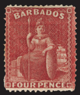 *        54 (78) 1875 4d Crimson-lake Britannia^, Wmkd CC, Perf 14, Rare And Seldom Offered, OG, LH, VF Scott... - Barbados (...-1966)