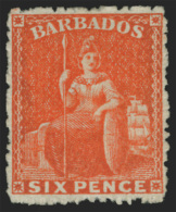 *        41 (60) 1873 6d Orange-vermilion Britannia^, Wmkd Large Star, Clean-cut Perf 14½ To 15½,... - Barbados (...-1966)