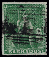 O        12 (16) 1860 (½d) Yellow-green Britannia^, Unwmkd, Pin-perf 12½, Numeral "1" Cancel,... - Barbados (...-1966)