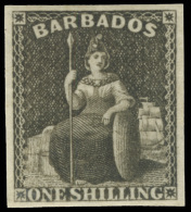 *        9 (12a) 1858 1' Black Britannia^, Unwmkd, Imperf, Four Margins, Deep Rich Color, Scarce Mint, OG, VLH, XF... - Barbades (...-1966)