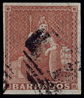 O        4 (5) 1855 (4d) Brownish Red Britannia On Paper Blued^, Unwmkd, Imperf, Four Large To Even Margins, VF... - Barbados (...-1966)