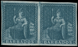 *        3a (4a) 1852 (2d) Greyish Slate Britannia^ On Paper Blued, Unwmkd, Imperf Horizontal Pair With Full... - Barbados (...-1966)