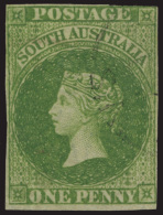 O        5a (6) 1858 1d Yellow-green Q Victoria^, Adelaide Ptg, Wmkd Large Star, Imperf, Four Margins (close At Top... - Oblitérés