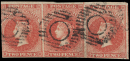 O        2 (2) 1855 2d Rose-carmine Q Victoria^, London Ptg, Wmkd Large Star, Imperf, Horizontal Strip Of Three,... - Used Stamps