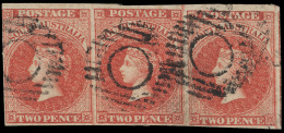 O        2 (2) 1855 2d Rose-carmine Q Victoria^, London Ptg, Wmkd Large Star, Imperf, Horizontal Strip Of Three,... - Usados