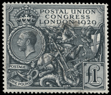 O        209 (438) 1929 £1 Black Postal Union Congress^ (St. George And The Dragon), Wmkd Crown GvR, Perf 12,... - Gebruikt