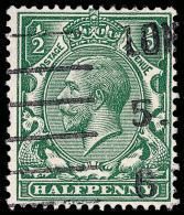 O        177 (397) 1913 ½d Bright Green K George V Coil^, Wmkd Royal Cypher (Multiple), Perf 15x14, One Of... - Used Stamps