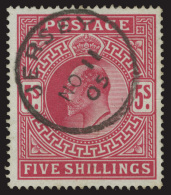 O        140a (264) 1902 5' Deep Bright Carmine K Edward VII^, De La Rue Printing, Wmkd Anchor, Perf 14, A... - Used Stamps