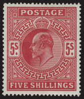 *        140a (264) 1902 5' Deep Bright Carmine K Edward VII^, De La Rue Printing, Wmkd Anchor, Perf 14, Rich Deep... - Unused Stamps