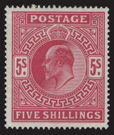 *        140 (263) 1902 5' Bright Carmine K Edward VII^, De La Rue Printing, Wmkd Anchor, Perf 14, OG, LH, VF Scott... - Unused Stamps