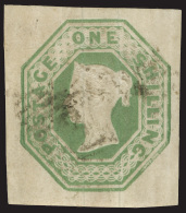 O        5 (54) 1847 1' Pale Green Q Victoria^ Embossed, Unwmkd, Plate 1, Imperf, Four Massive Margins--rare Thus!,... - Used Stamps