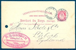 NORUEGA , 1902 , MATASELLOS DE FERROCARRIL , " VESTBANERNES / POST EXP. " , CIRCULADO ENTRE PORSGRUND Y LÜBECK - Postal Stationery