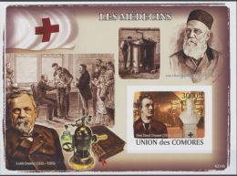 COMORES SHEET IMPERF LES MEDECINS THE DOCTORS HENRI DUNANT RED CROSS NOBEL PRIZE LOUIS PASTEUR - Henry Dunant