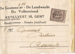 19421. Faja Publicacion Preobliterado  GENT , Gand (Belgien) 1926. Roulotte. De Gentenaar - Roller Precancels 1900-09