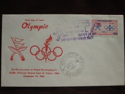 1964 Nepal - Tokyo Summer Olympic Games - Postally-Used FDC (Flag + Emblem) - Summer 1964: Tokyo