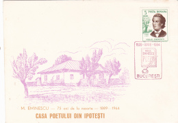#BV3477  MIHAI EMINESCU, THE POET'S HOUSE IN IPOVESTI, STAMP ON SPECUIAL COVER, 1964, ROMANIA. - Briefe U. Dokumente