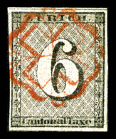 O N°10a, Zürich 6 R, Fond Lignes Rouge Verticales Obl Rosette De Zurich, SUPERBE... - 1843-1852 Kantonalmarken Und Bundesmarken
