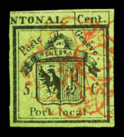 O N°1A, Genève, 5c Noir Sur Vert Obl Rosette. SUPERBE. R.R. (signé/certificats)   Qualité:... - 1843-1852 Correos Federales Y Cantonales
