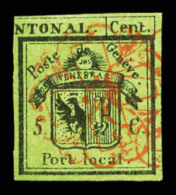 O N°1A, Genève, 5c Noir Sur Vert Obl Rosette. SUPERBE. R.R. (signé/certificats)   Qualité:... - 1843-1852 Federal & Cantonal Stamps