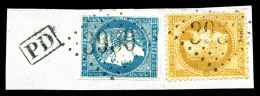 O N°44B, 20c Bleu Type I Report 2 Obl GC 3950 (+N°28) Sur Petit Fragment, TTB (certificat)  ... - 1870 Uitgave Van Bordeaux